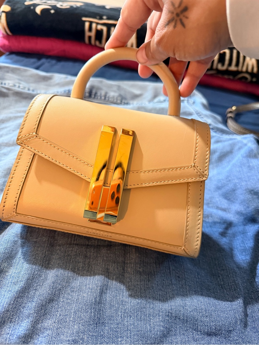 DeMellier Beige Mini Top-Handle Bag with Gold Hardware